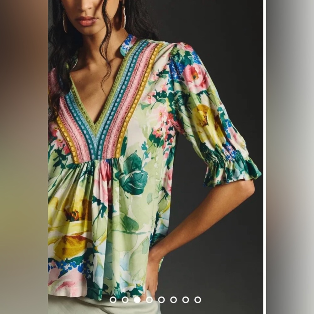 Anthro x Bl-nk Stephanie green pink floral V-Neck Babydoll Blouse top - M